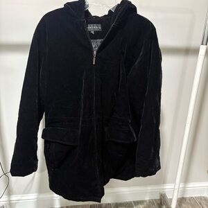 Vtg PORTRAIT Black Velvet Women’s Coat Hooded Sz L Holiday 90s Classic Boho